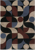 Dywan Deco Blue Copper z geometrycznym wzorem w kolorach niebieskim, miedzianym, czarnym i beżowym w stylu Art déco.